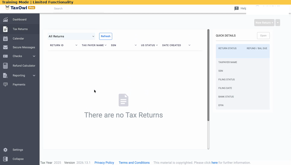 TaxOwl Pro Tax Returns Dashboard