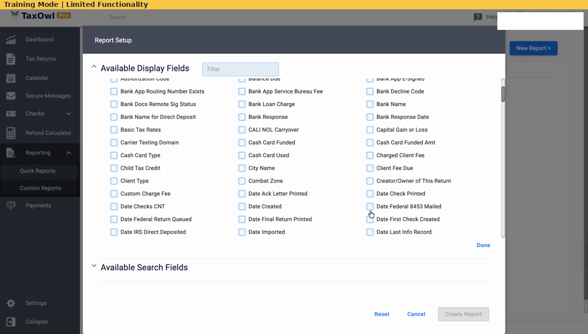TaxOwl Pro Custom Reports interface with 200+ available fields